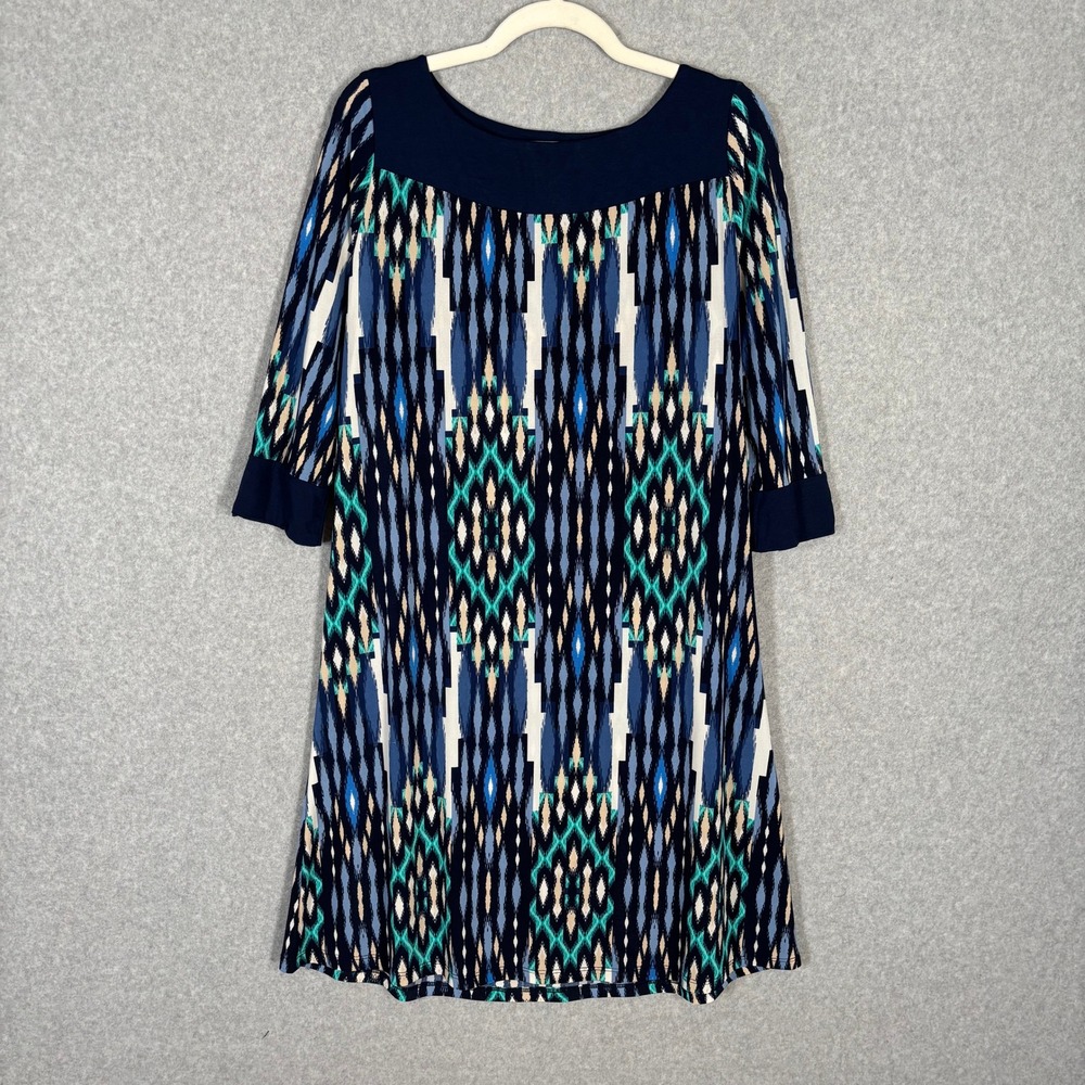 Gilli Dress Large Navy Aqua Ikat Aztec Southwest Jersey‎ Stretch Modest Comfort